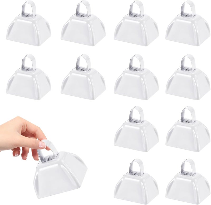 HEYLEAYAR 3Inch Cowbells for Sporting Events,12Pcs Metal Cow Bells Bulk Loud Noise Makers Cow Bell with Handle for Cheering Football Games Spirit Marathon Weddings Party Noisemakers, White - Image 1